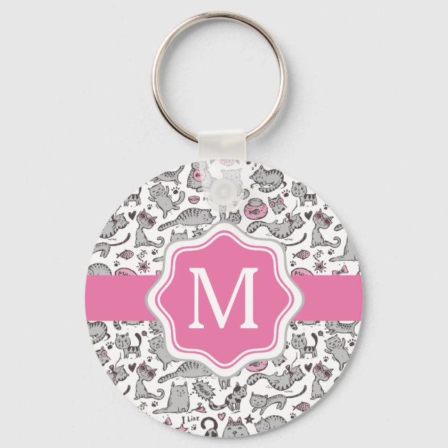 Whimiscal Pink und Gray Cartoon Cat Geschenkideen Schlüsselanhänger (Vorderseite)