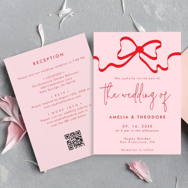 Whimsica Pink Red Bow QR Empfang Hochzeit Einladung (Von Creator hochgeladen)