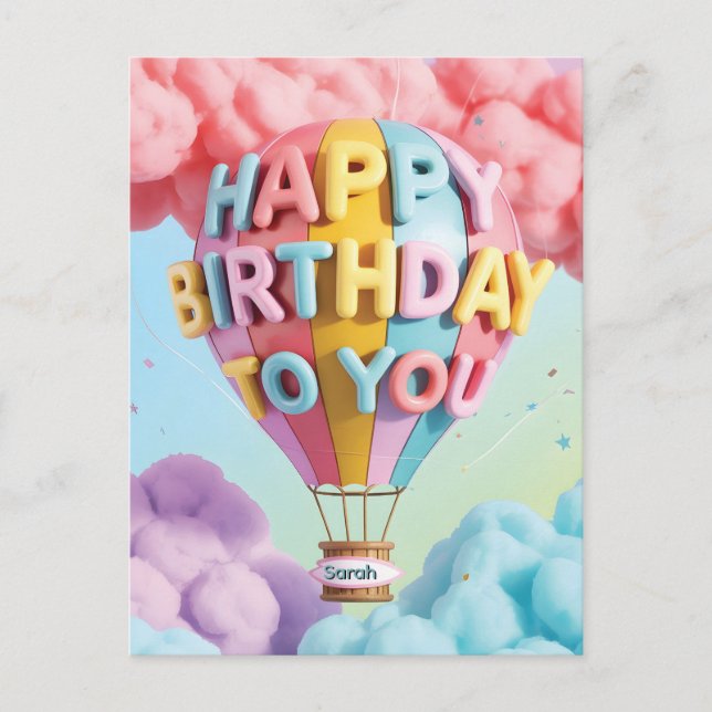 Whimsical 3D "Happy Birthday" Heißluftballon Postkarte (Vorderseite)