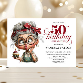 Whimsical 50th birthday invite quirky fun woman einladung