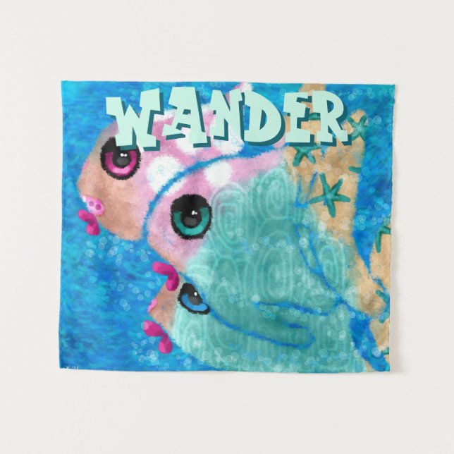 Whimsical Abstract Fish Trio Blue Personalized Wandteppich (Vorderseite (Horizontal))