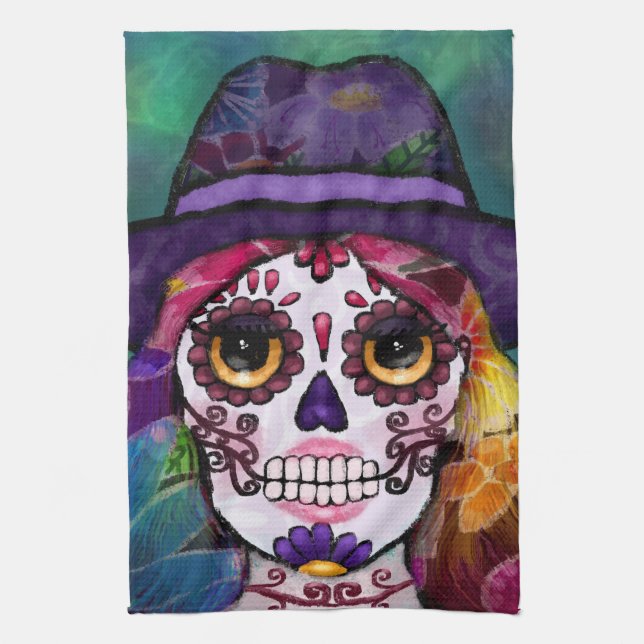 Whimsical Abstract Floral Hippie Sugar Skull Geschirrtuch (Vertikal)