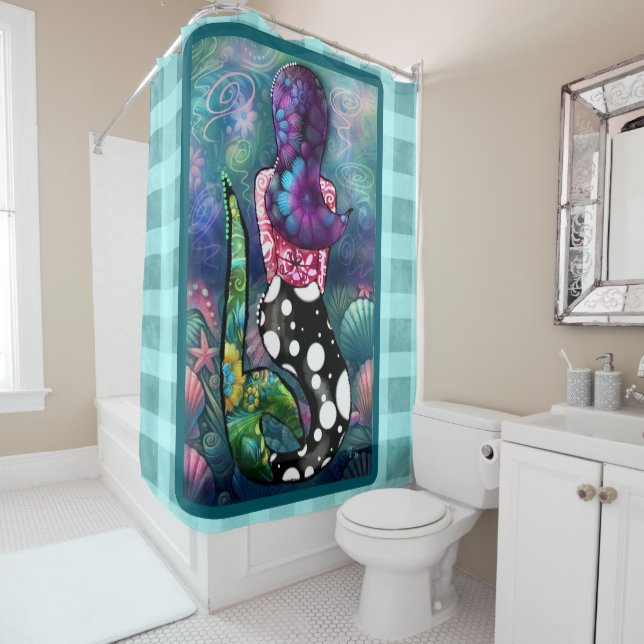 Whimsical Abstract Mermaid Nautical Teal Seashells Duschvorhang (Beispiel)