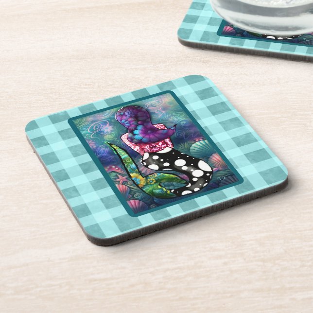 Whimsical Abstract Mermaid Nautical Teal Seashells Getränkeuntersetzer (Linke Seite)