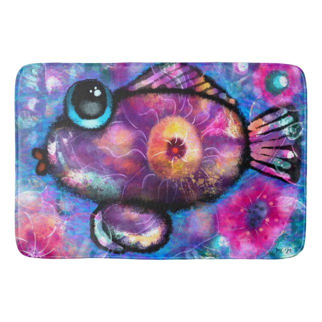 Whimsical Abstrakt Big Eye Fisch Lila Aquamarin Ro Badematte (Vorderseite)