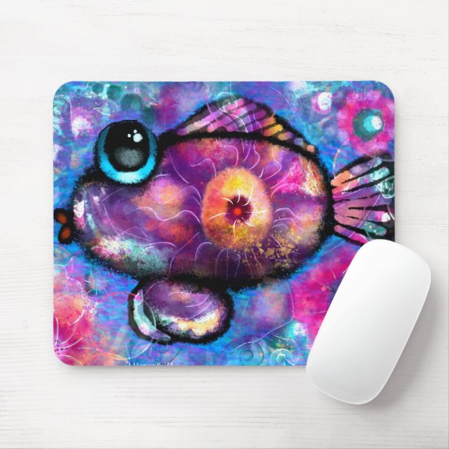 Whimsical Abstrakt Big Mit Augen Fish Aquamarin Ro Mousepad (Mit Mouse)