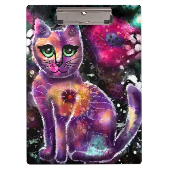 Whimsical Abstrakt floral Kitty Cat Black Pink Klemmbrett (Vorderseite)