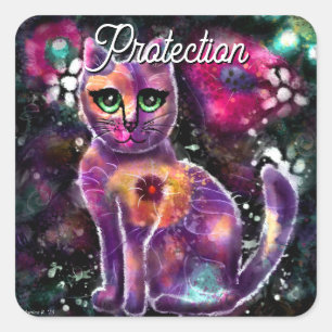 Whimsical Abstrakt floral Kitty Cat Black Pink Quadratischer Aufkleber