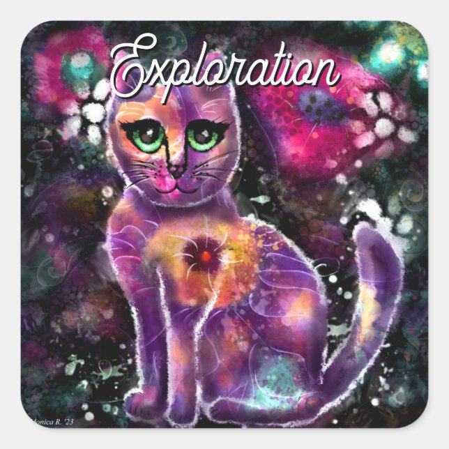 Whimsical Abstrakt floral Kitty Cat Black Pink Quadratischer Aufkleber (Vorderseite)