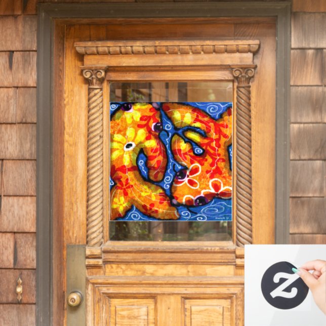 Whimsical Abstrakt Koi Goldfish Orange Blue Floral Fensteraufkleber (Haustür)