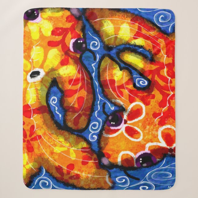 Whimsical Abstrakt Koi Goldfish Orange Blue Floral Sherpadecke (Vorderseite)