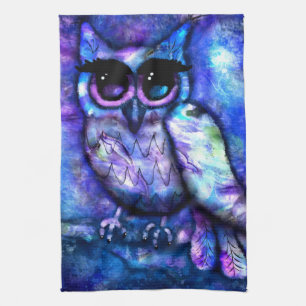 Whimsical Abstrakt Owl Big Mit Augen Blue Lila Geschirrtuch
