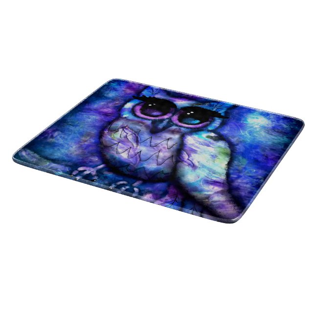 Whimsical Abstrakt Owl Big Mit Augen Blue Lila Schneidebrett (Ecke)