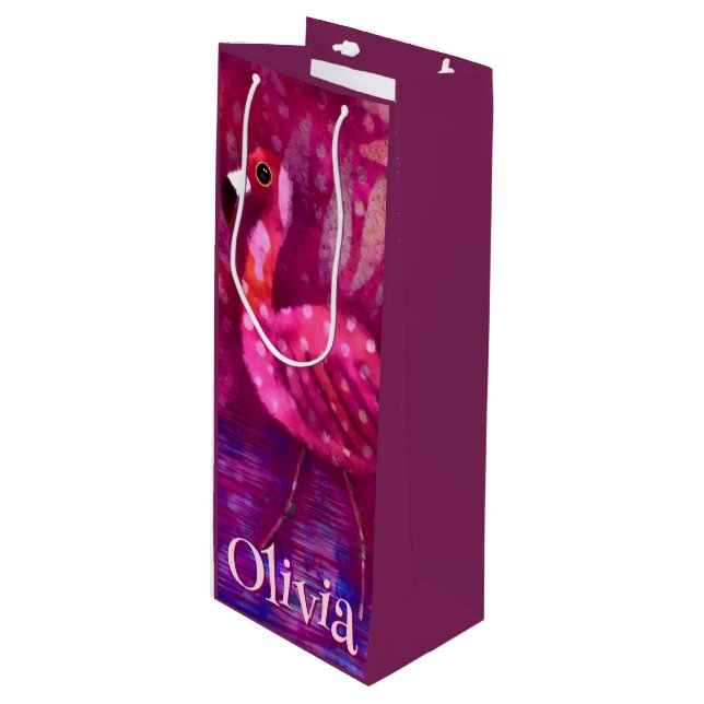 Whimsical Abstrakt Pink Flamingo Personalisiert Geschenktüte Für Weinflaschen (Vorderseite Schrägansicht)