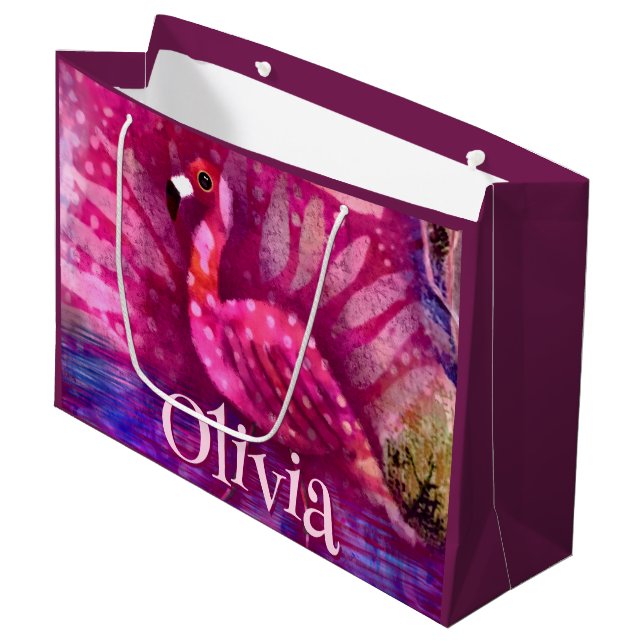Whimsical Abstrakt Pink Flamingo Personalisiert Große Geschenktüte (Vorderseite Schrägansicht)