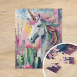 Whimsical Abstrakt Unicorn und Sukkuline<br><div class="desc">Ein modernes abstraktes Gemälde mit einem whimsikalen Einhorn, umgeben von pastellfarbenen Kakteen und Sukkulenten. Das Einhorn, in fließenden Linien und lebhaften Farben gestrichen, hebt sich durch die sanften Farbtöne von Rosa, Minze Grüntöne und blasser Blues in den Wüstenregionen ab. Diese spielerische, fantasievolle Komposition verbindet die mystische Aura des Einhorns mit...</div>