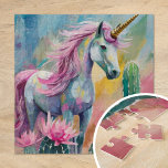 Whimsical Abstrakt Unicorn und Sukkuline<br><div class="desc">Ein modernes abstraktes Gemälde mit einem whimsikalen Einhorn, umgeben von pastellfarbenen Kakteen und Sukkulenten. Das Einhorn, in fließenden Linien und lebhaften Farben gestrichen, hebt sich durch die sanften Farbtöne von Rosa, Minze Grüntöne und blasser Blues in den Wüstenregionen ab. Diese spielerische, fantasievolle Komposition verbindet die mystische Aura des Einhorns mit...</div>