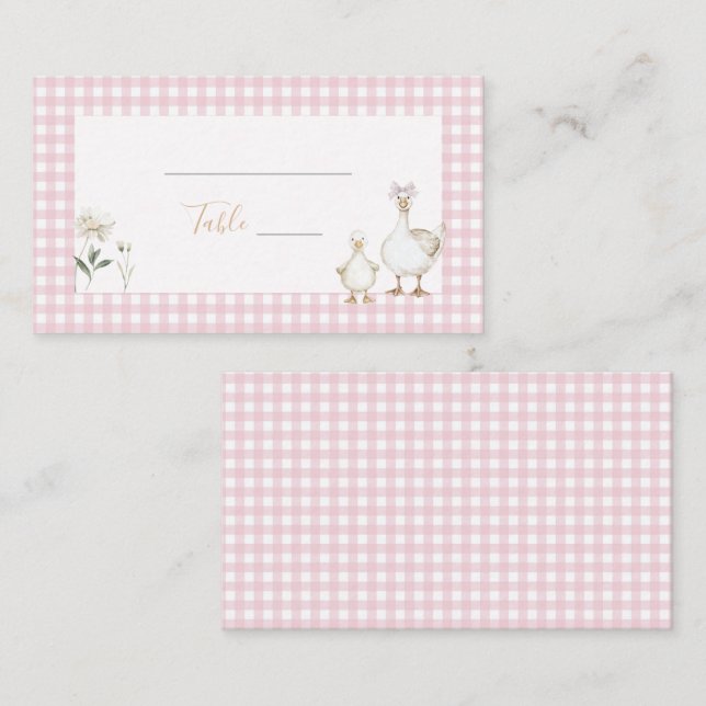 Whimsical Albern Gänse Pink Gingham Baby Dusche Platzkarte (Vorne/Hinten)