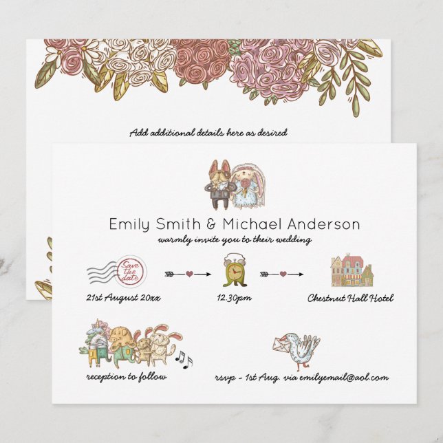 Whimsical Animal Timeline Wedding Einladungen (Vorne/Hinten)