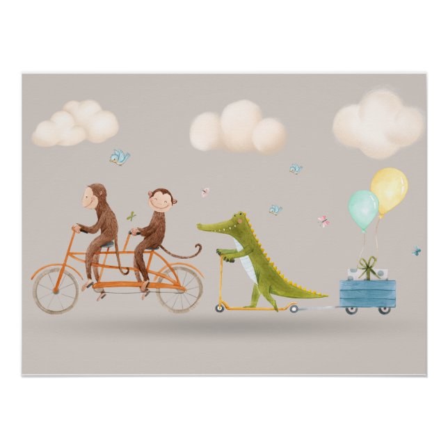 Whimsical Animals on Bicycle Nursery Wall art  Poster (Vorderseite)