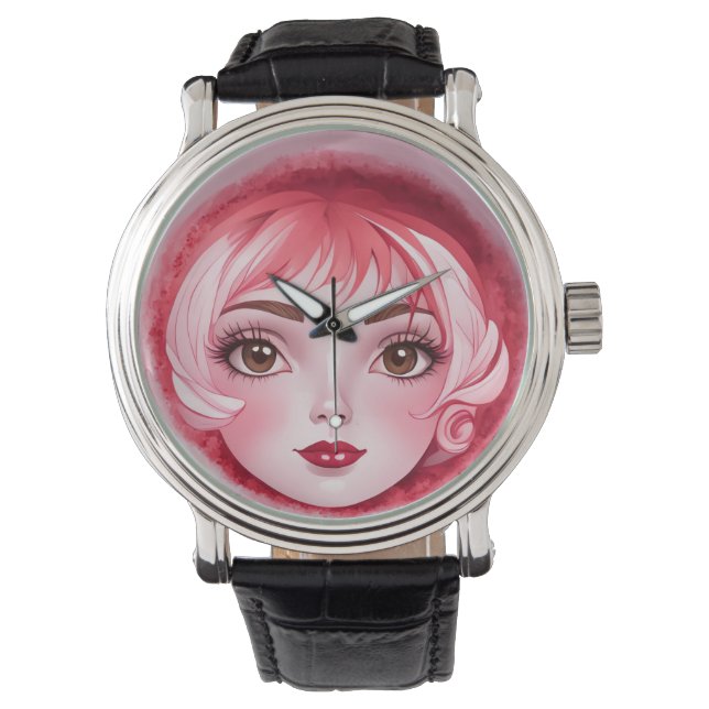 Whimsical Anime Girl Face Watch Armbanduhr (Vorderseite)