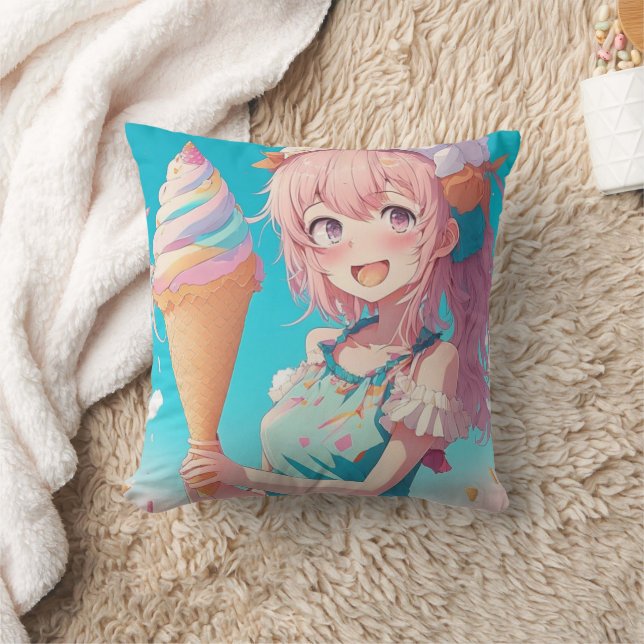 Whimsical Anime Girl with Ice Creme Cone Kissen (Decke)