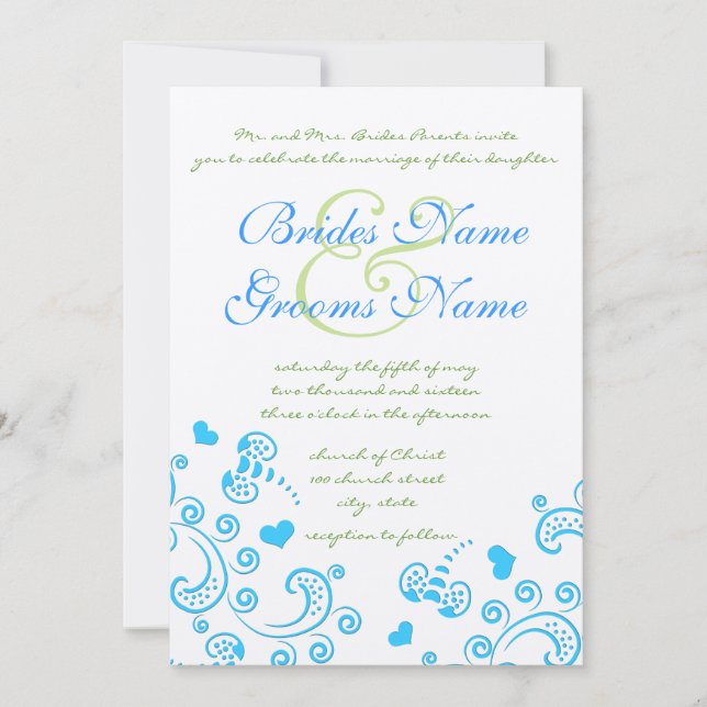 Whimsical Aqua Bumble Bee Swirl Wedding Einladung (Vorderseite)