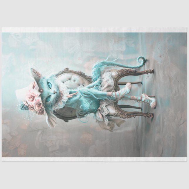 Whimsical Aquamarin Blue Mit Augen Cat Decoupage Seidenpapier (Vorderseite)