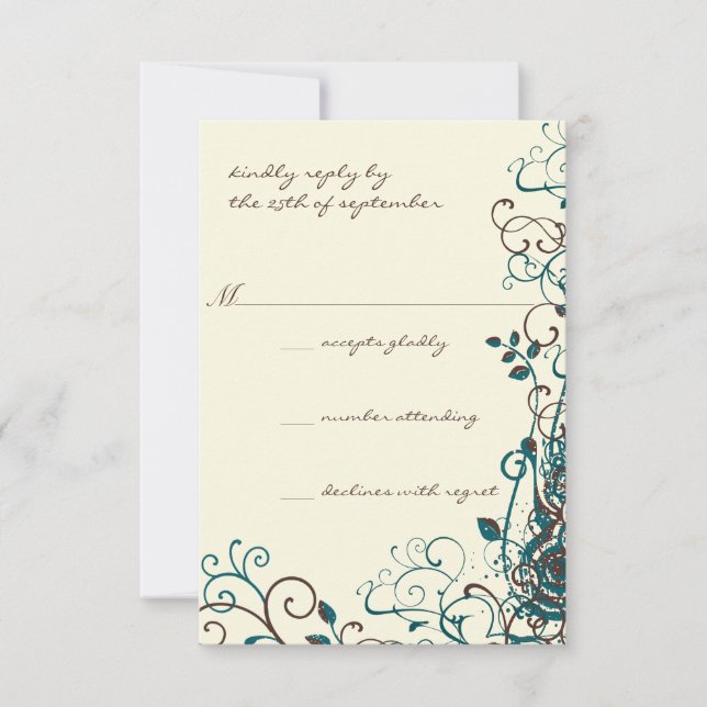 Whimsical Aquamarin & Brown Swirl Wedding RSVP Karte (Vorderseite)
