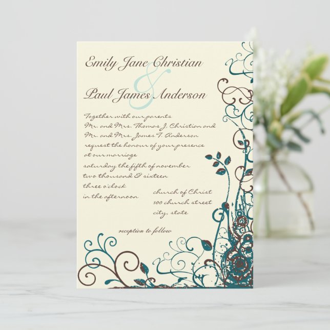 Whimsical Aquamarin & Brown Swirt Einladung zur Ho (Stehend Vorderseite)