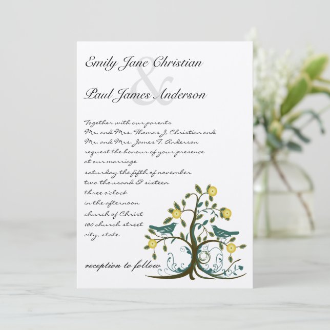 Whimsical Aquamarin & Gelb Bird Tree Einladung Hoc (Stehend Vorderseite)