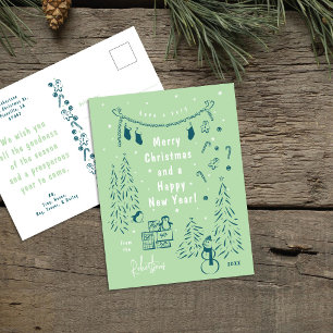 Whimsical Aquamarin & Green Christmas Scene Postca Feiertagspostkarte