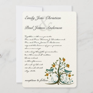 Whimsical Aquamarin und Coral Love Bird Tree Hochz Einladung