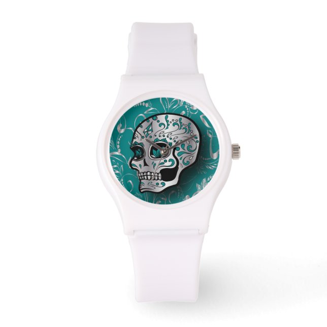 Whimsical Aquamarin und Silver Sugar Skull Armbanduhr (Vorderseite)