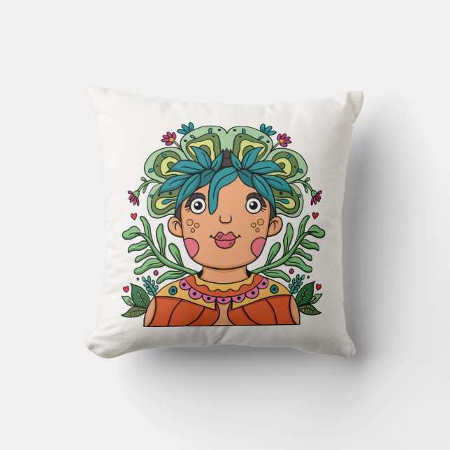 Whimsical Art Girl with Floral Crown Kissen (Vorderseite)