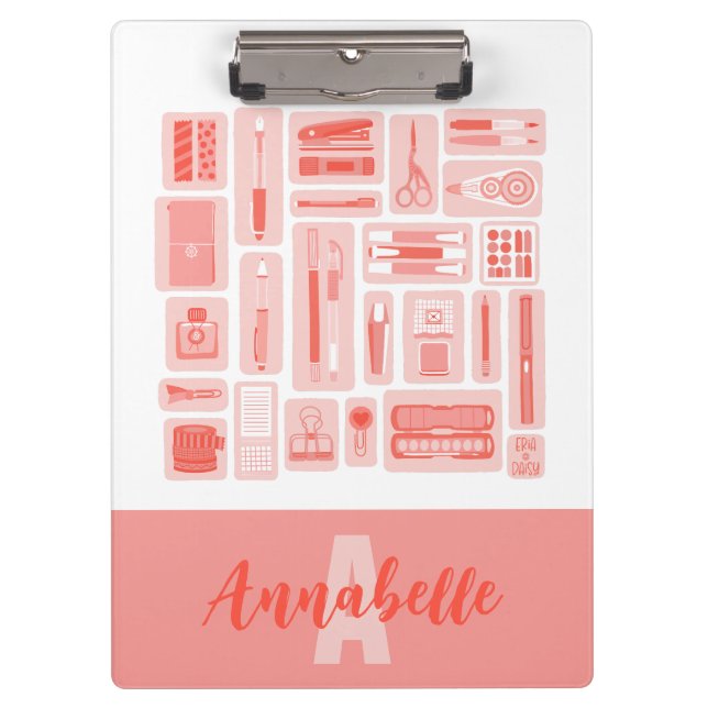 Whimsical Art liefert Korallenrot-Muster Monogramm Klemmbrett (Vorderseite)