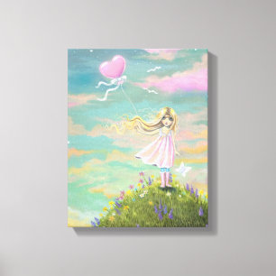 Whimsical Art Little Girl with Heart Balloon Leinwanddruck