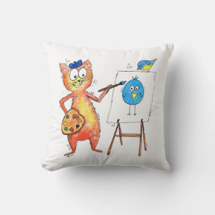 Whimsical Artist Cat Painting a Bird Kissen
