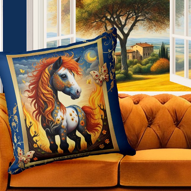 Whimsical Artistic Horse Colorful Animal Kissen (Pillow featuring a whimsical painting of a colorful cute horse at night, with butterfly friends)