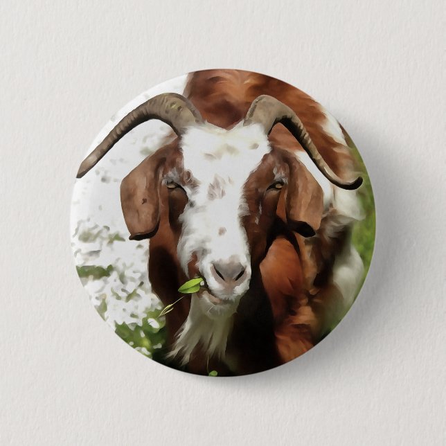 Whimsical Artistic Portrait of a Goat Grazing Button (Vorderseite)