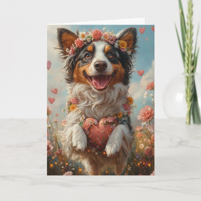 Whimsical Australian Shepherd Valentine's Day Karte (Vorderseite)