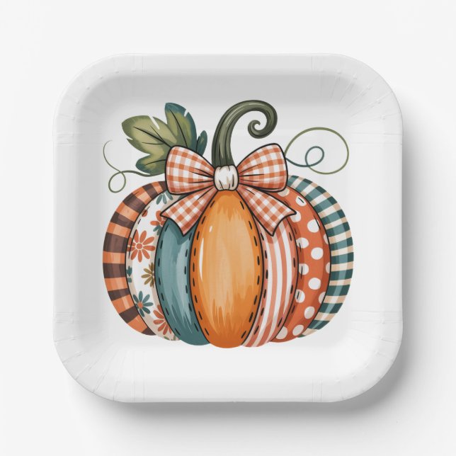 Whimsical Autumn Accent with Gingham Bow Pappteller (Vorderseite)