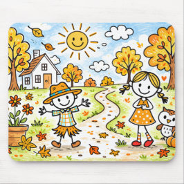 Whimsical Autumn Kids and Owl Mousepad