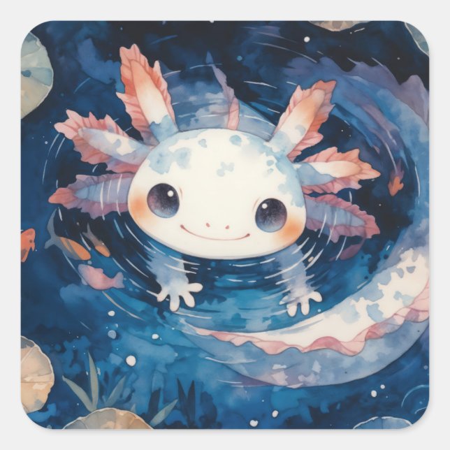Whimsical Axolotl in den Gewässern von Moonlit Quadratischer Aufkleber (Vorderseite)