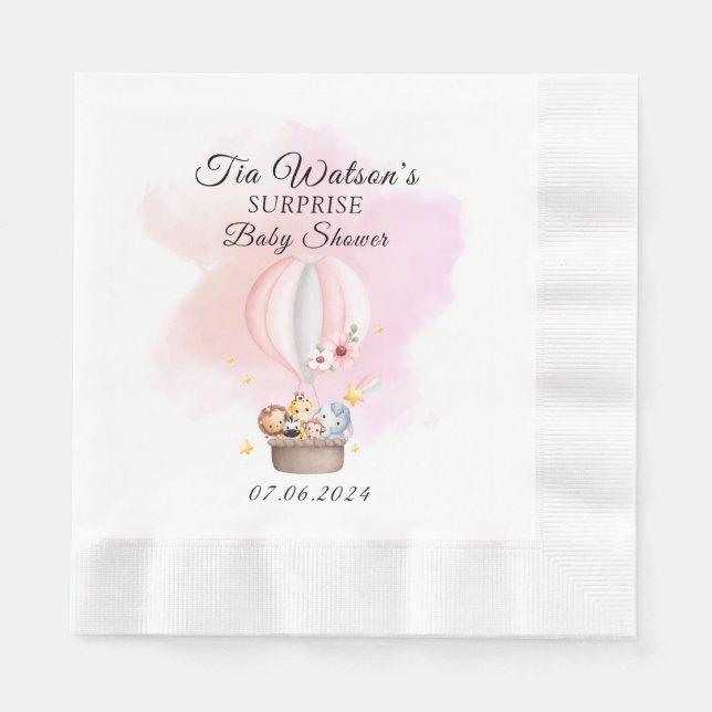 Whimsical Baby Animes in einem rosa Heißluftballon Serviette (Vorderseite)