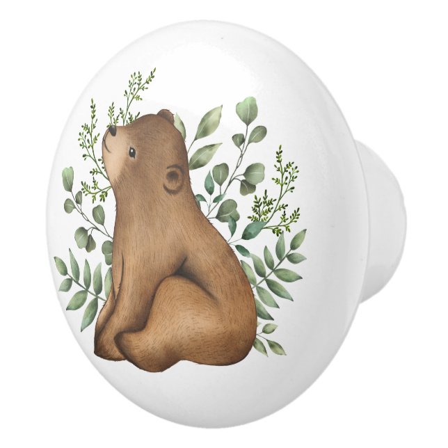 Whimsical Baby Bear Woodland Forest Greenery Keramikknauf (Rechts)