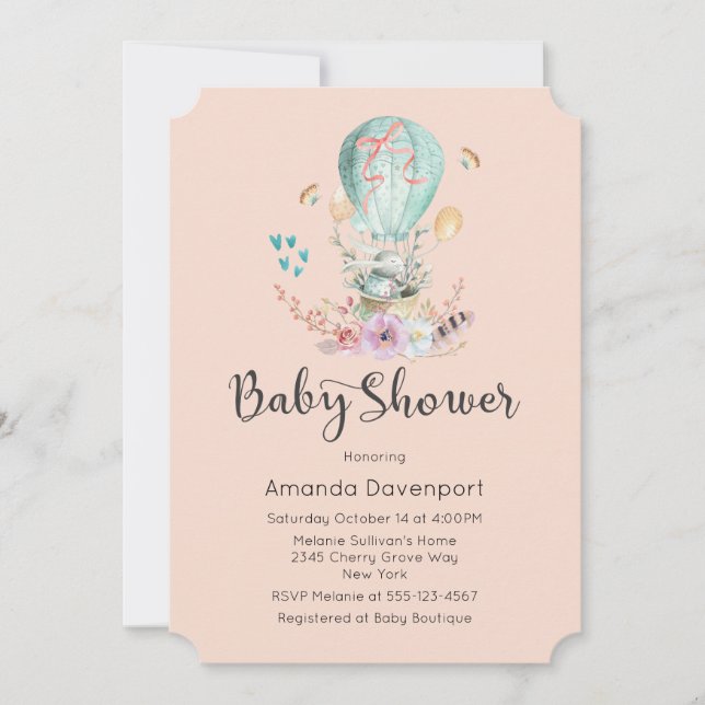 Whimsical Baby Bunny in einem Balloon Baby Dusche Einladung (Vorderseite)