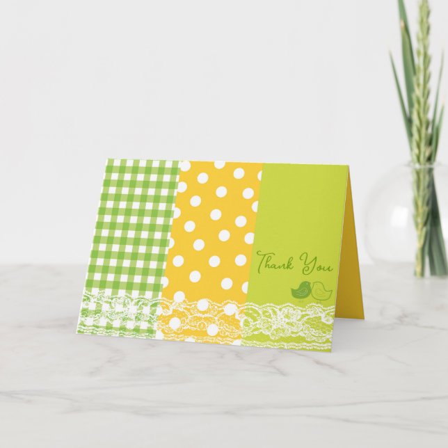 Whimsical Baby Chicks Green Plaid Polka Dots Lace Dankeskarte (Vorderseite)