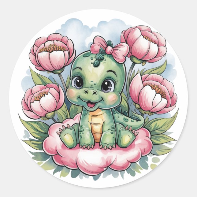 Whimsical Baby Dusche Dino Deluxe Runder Aufkleber (Vorderseite)