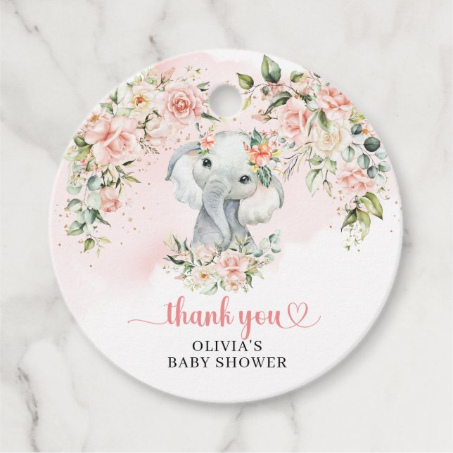 Whimsical baby Elefant Blush Bloral Baby Dusche Geschenkanhänger (Vorderseite)